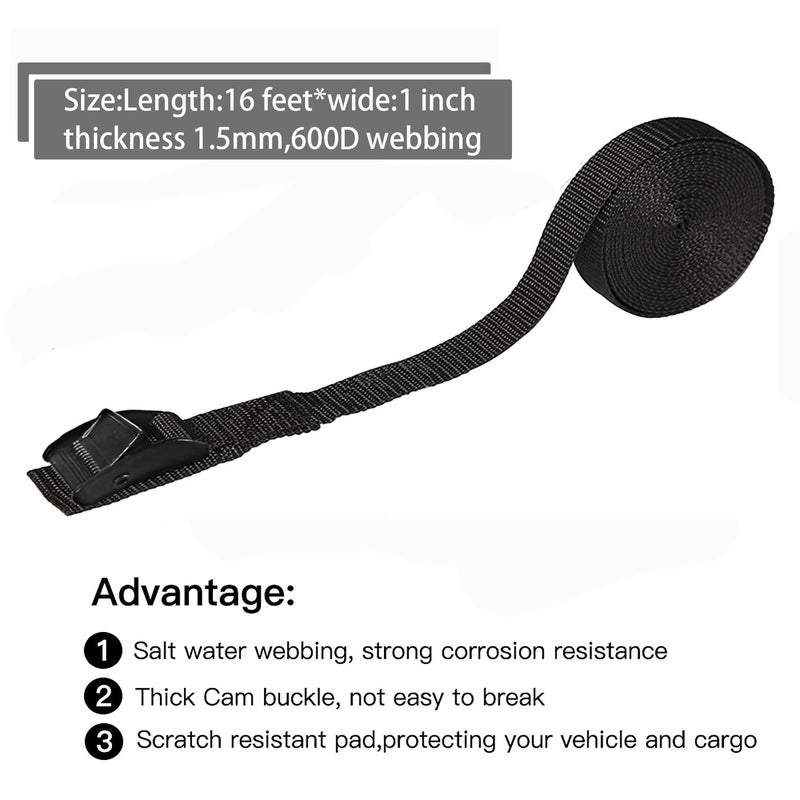 Gutezeiten 16ft Tie Down Straps, Lashing Straps Heavy Duty up to 700lbsï¼ŒAdjustable Cam Buckle Tie-Down Straps for Motorcycle, Cargo, Trucks,Trailer,SUP, Kayak, Luggage- Black 2 Pack - Image 2